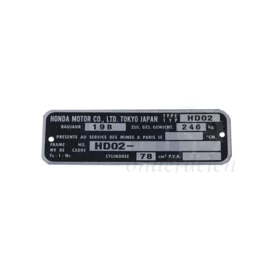 Typeplaatje Frame Honda MT80 - HD02